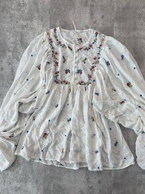 Free People Tunic Top Floral Embroidered Ivory Crochet Cotton XS Bohemian Hippie